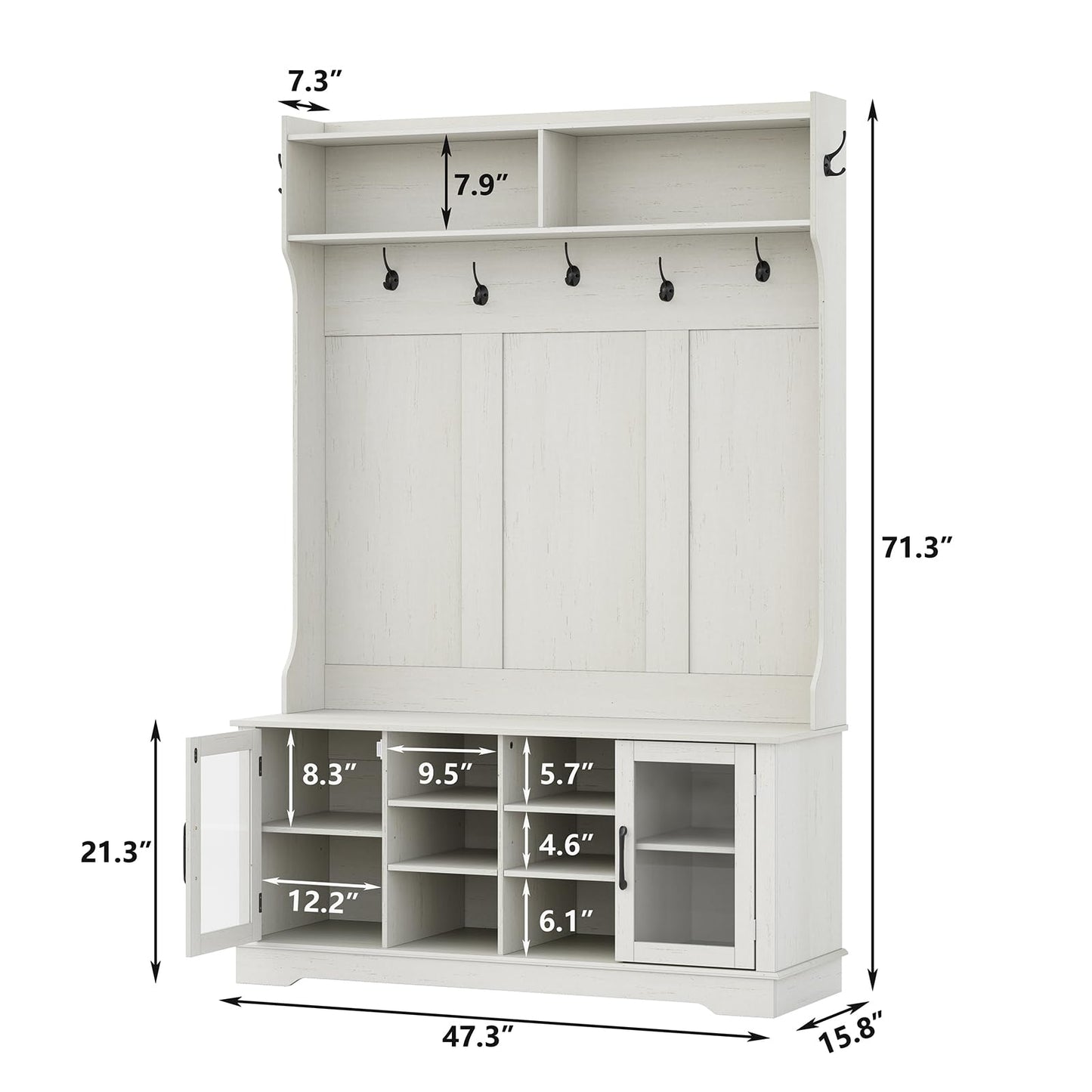 Furnihold Hall Tree White Entryway Bench with Coat Rack 10 Shoe Storage & 7 Coat Hooks & Adjustable Shelf Glass Door