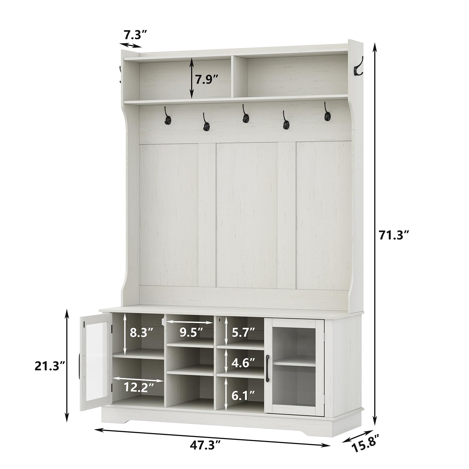 Furnihold Hall Tree White Entryway Bench with Coat Rack 10 Shoe Storage & 7 Coat Hooks & Adjustable Shelf Glass Door