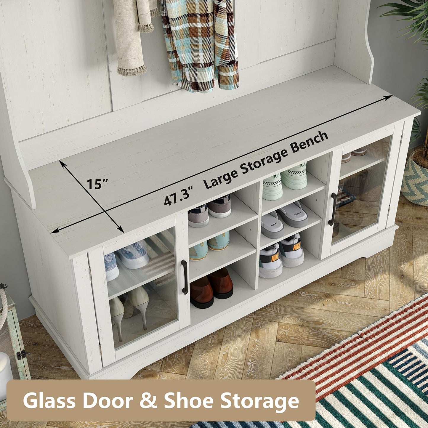 Furnihold Hall Tree White Entryway Bench with Coat Rack 10 Shoe Storage & 7 Coat Hooks & Adjustable Shelf Glass Door