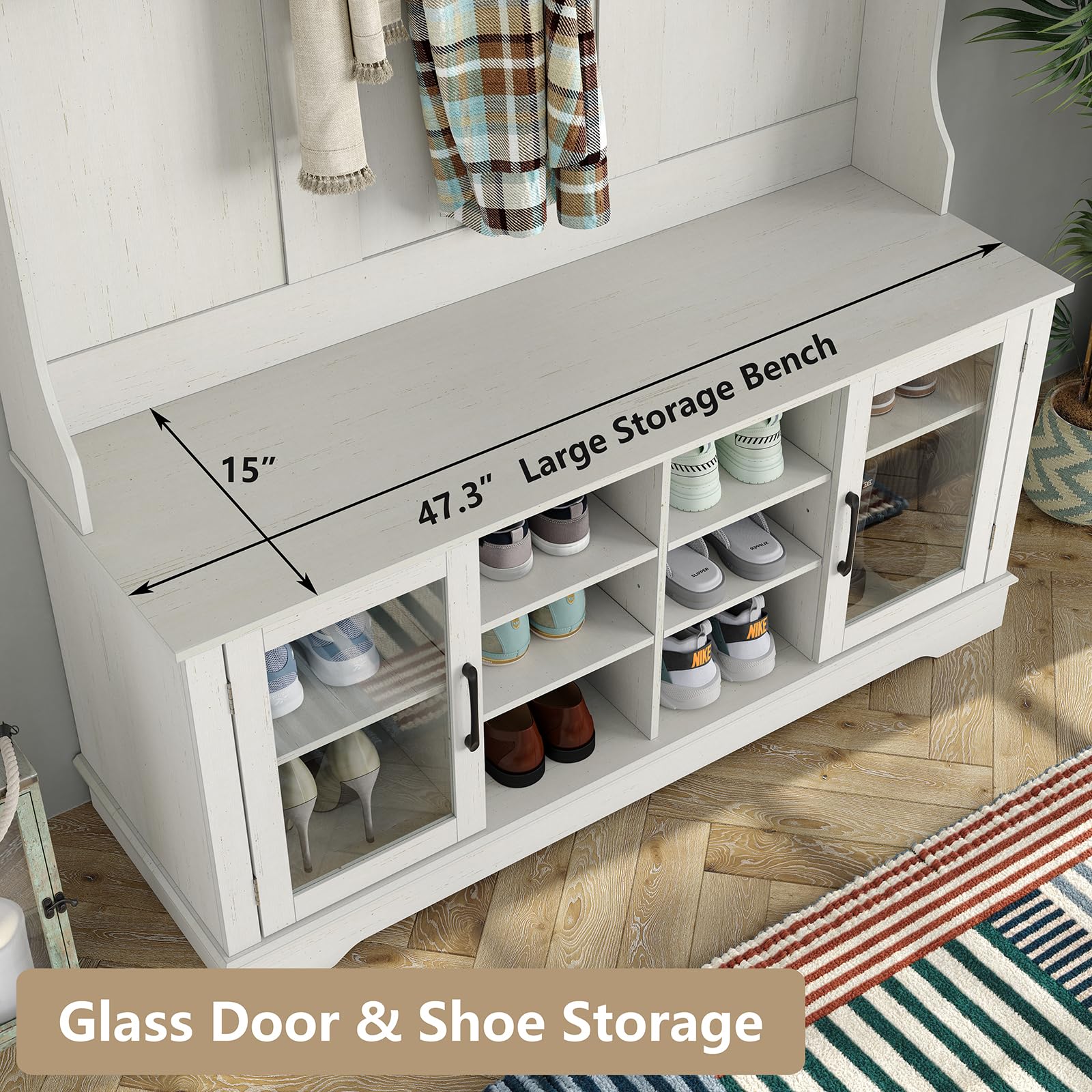 Furnihold Hall Tree White Entryway Bench with Coat Rack 10 Shoe Storage & 7 Coat Hooks & Adjustable Shelf Glass Door