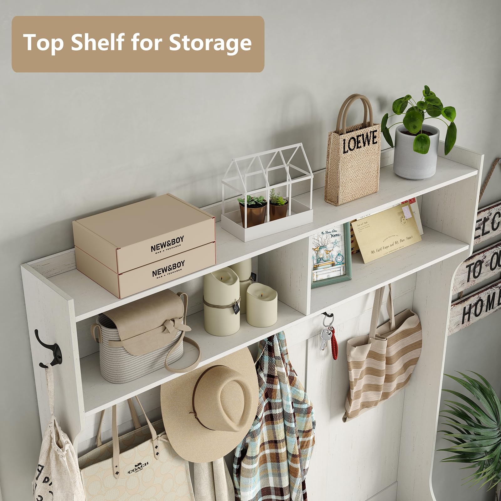 Furnihold Hall Tree White Entryway Bench with Coat Rack 10 Shoe Storage & 7 Coat Hooks & Adjustable Shelf Glass Door