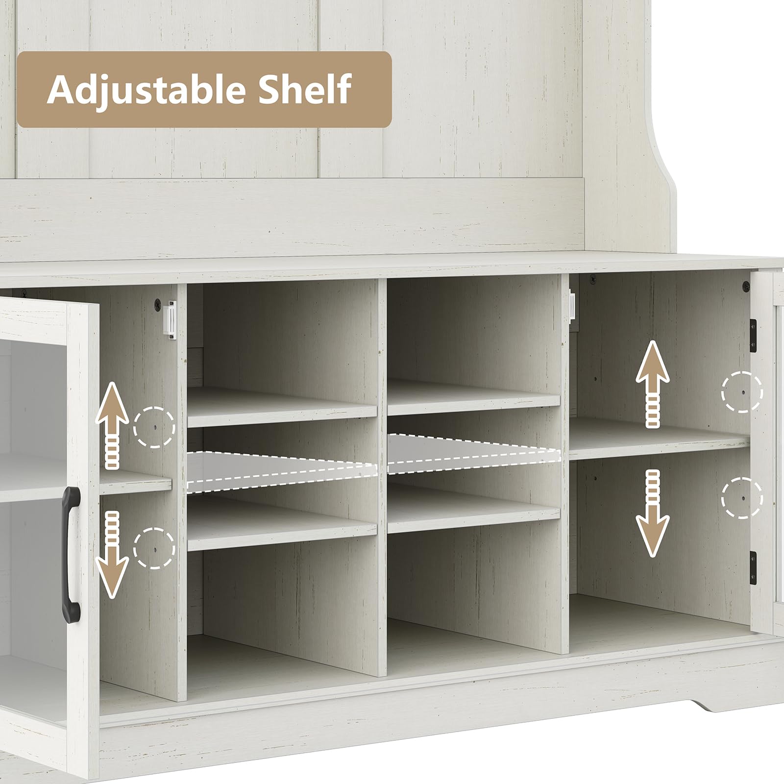 Furnihold Hall Tree White Entryway Bench with Coat Rack 10 Shoe Storage & 7 Coat Hooks & Adjustable Shelf Glass Door