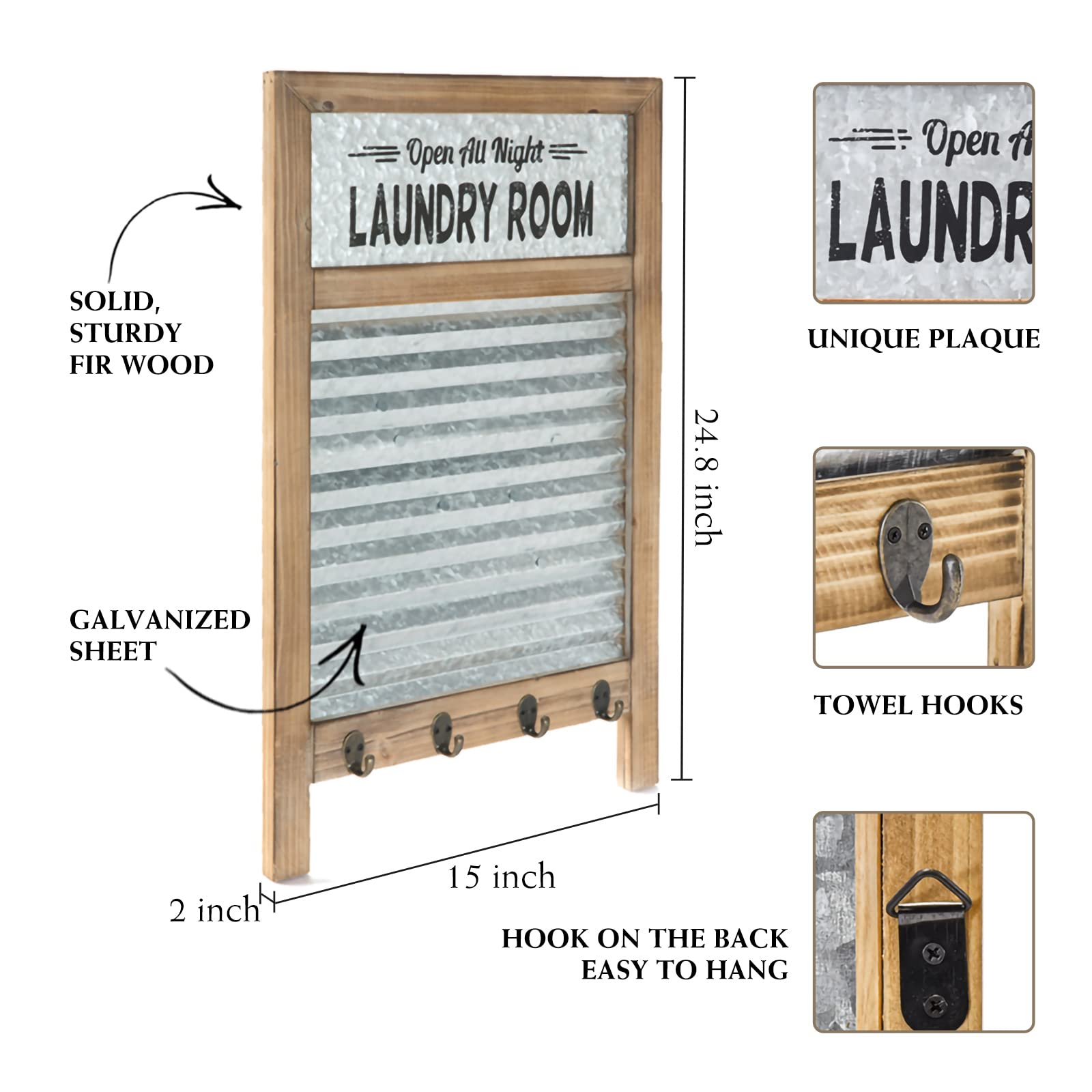 Galvanized Washboard,Laundry Washboard sign with Towel Hooks,Laundry Room Deco,Large Farmhouse Metal and Wood Washboard