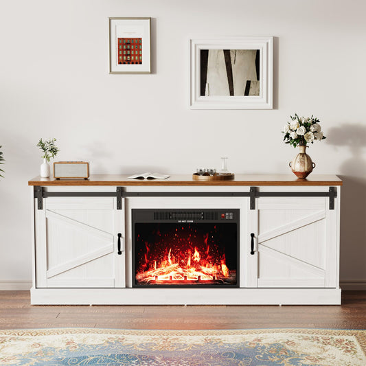 Kullavik Fireplace TV Stand for TVs up to 75 Inch,Farmhouse Entertainment Center with 24’’ Fireplace,Media Console