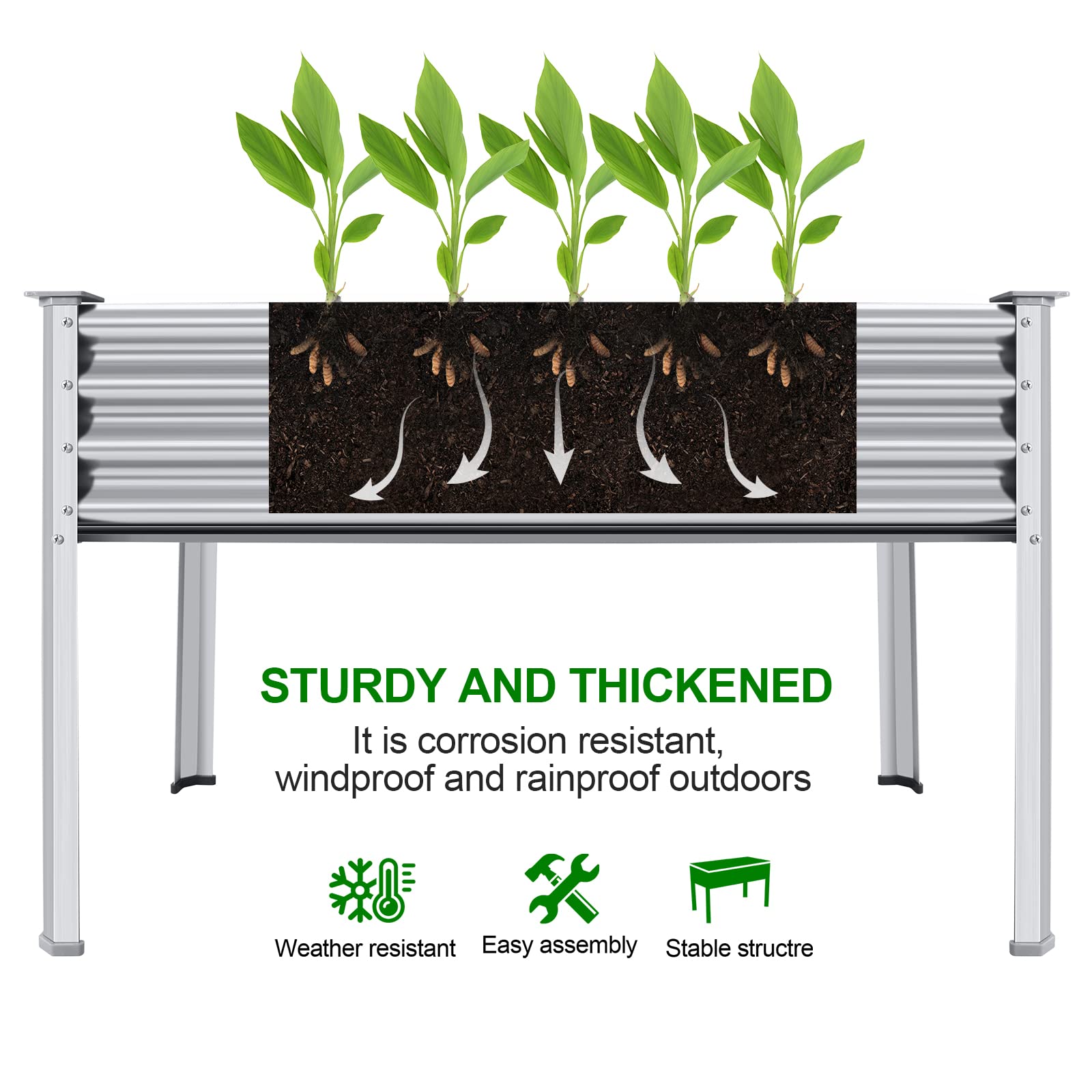 Land Guard Galvanized Raised Garden Bed with Legs 48×24×32in Large Metal Elevated Raised Planter Box with Drainage