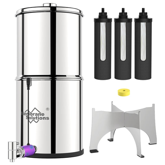 Membrane Solutions UV Countertop Water Filtration System Stainless Steel 2.25G Gravity Water Filter with 3 Pack