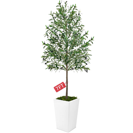 Olive Trees Artificial Indoor 7ft Tall Faux Silk Plant with Pot Realistic Leaves and Natural Wood Trunk Fake Trees